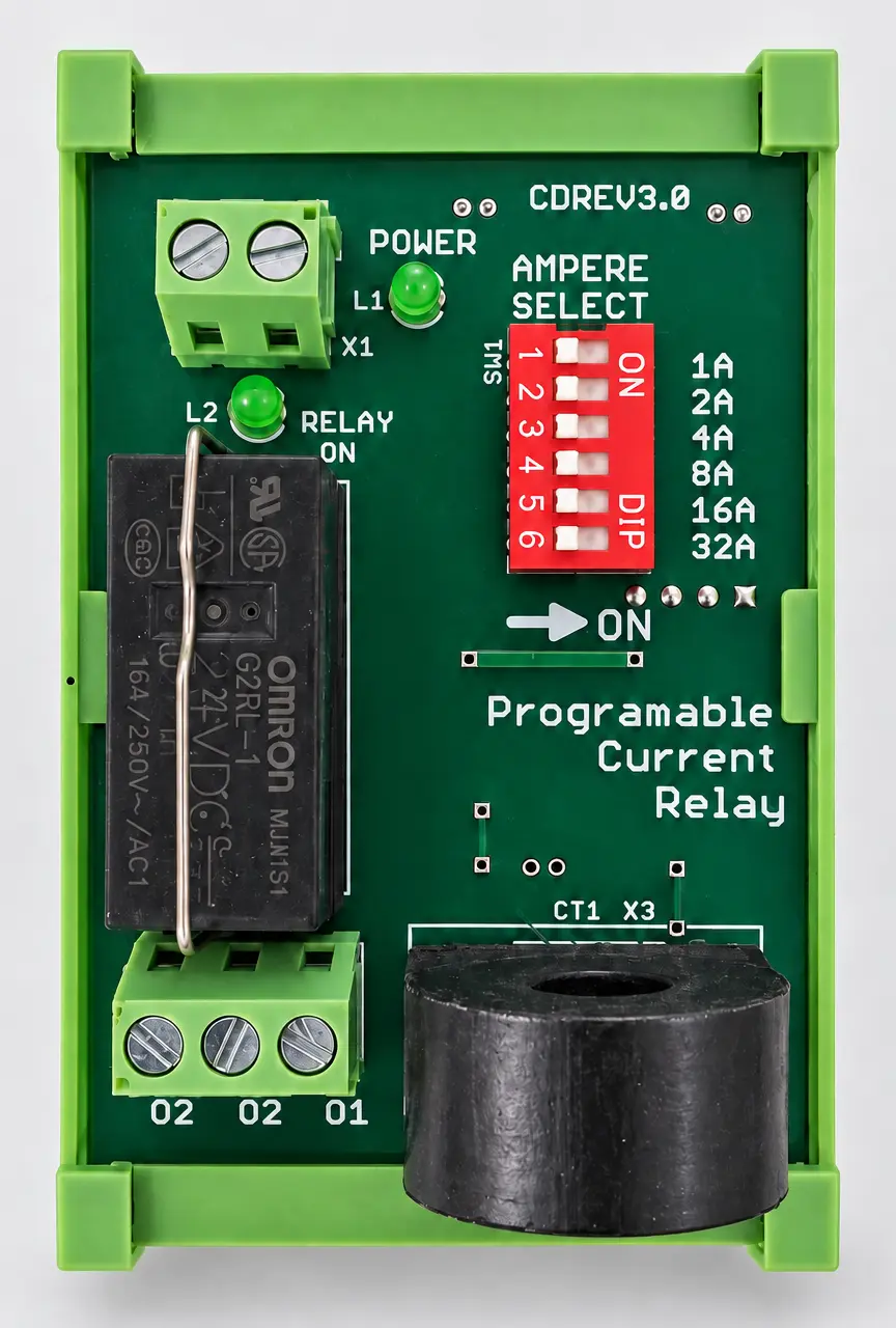 Top view of Programmable Current Relay controls and terminals